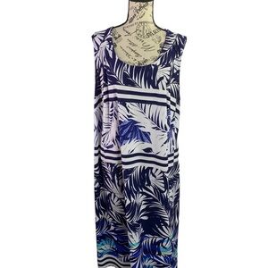 Catherine's tropical blue aqua white palm print sleeveless midi dress plus sz 3X